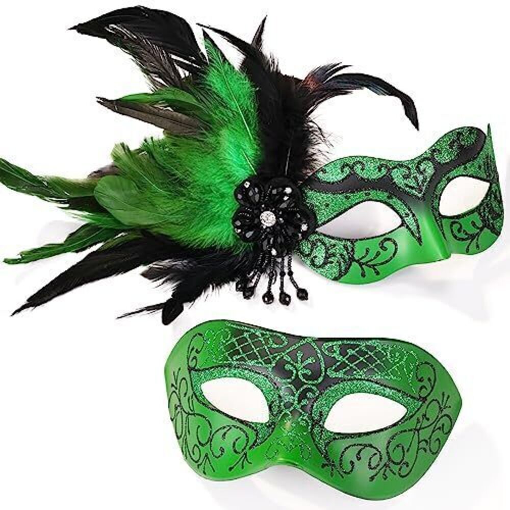 9749 Green His and Hers Masquerade Masks Set -Feather Mascarade Mask